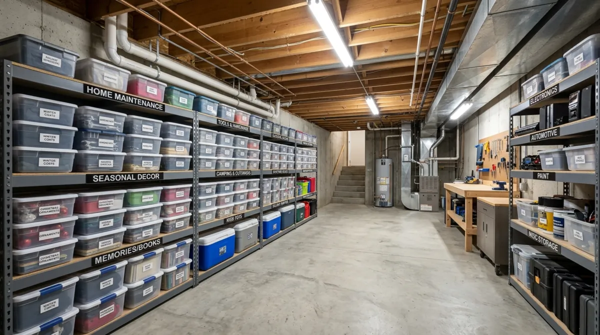 Spacious unfinished basement with long wall shelving, designated storage zones, stacked bins, and strong overhead lighting.