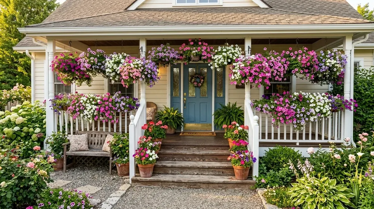Front porch with colorful hanging baskets, wood steps, and bright blooming flowers in sunlight.