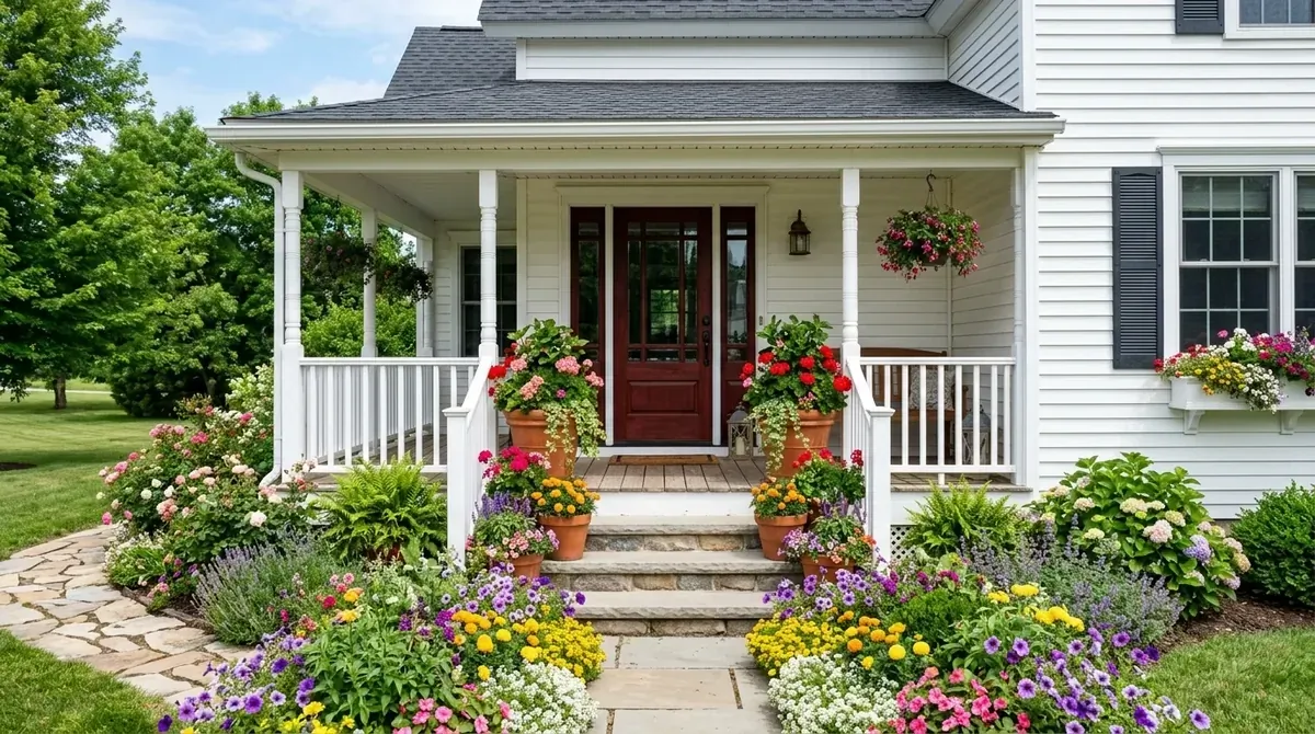 Bright porch with geraniums in terracotta pots, seasonal flowers on the steps, and white farmhouse siding.