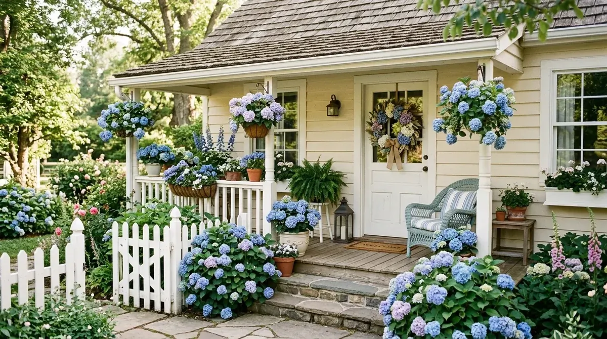 Cottage porch with blue and lavender hydrangeas, floral wreath, and soft charming daylight.