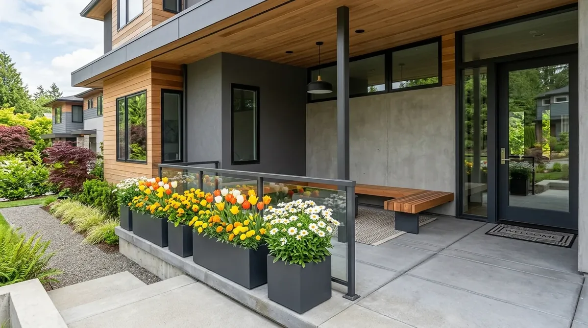 Modern porch with sleek planters filled with tulips, marigolds, and daisies in clean geometric layout.