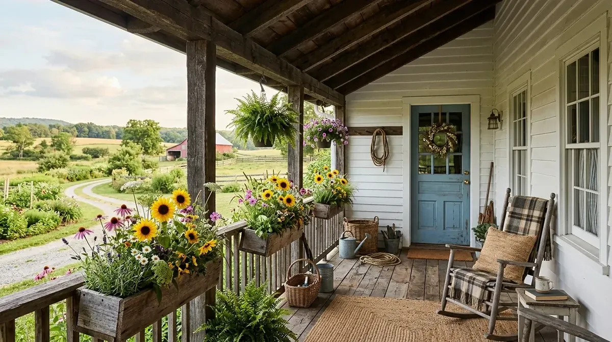 Rustic farmhouse porch with wood planters filled with sunflowers, wildflowers, and greenery.