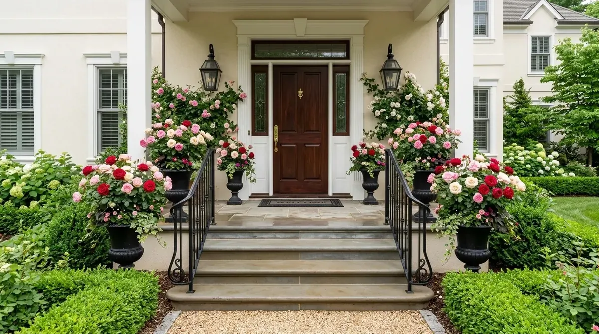 Elegant porch with symmetrical rose pots, lantern lights, and refined stone steps.