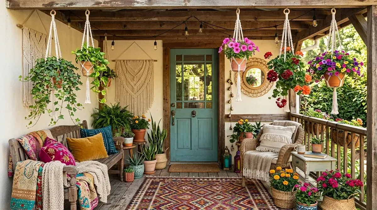 Bohemian porch with macrame planters, trailing ivy, mixed bright flowers, and layered textures.