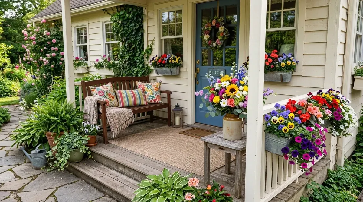 Small porch with railing planters of pansies and petunias, cozy bench, and bright floral welcome.