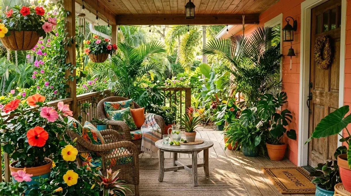 Tropical-inspired porch with hibiscus flowers, palms, bold leafy greenery, and warm sunlight.