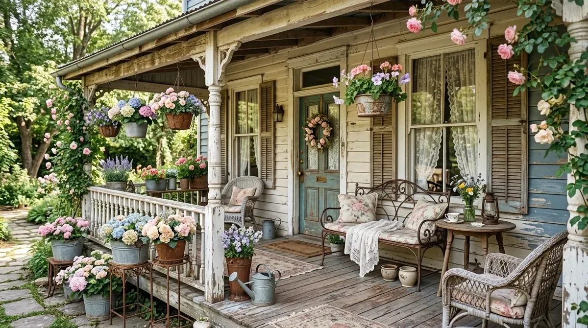 Vintage porch with antique metal planters, pastel blooms, lace curtains, and weathered charm.