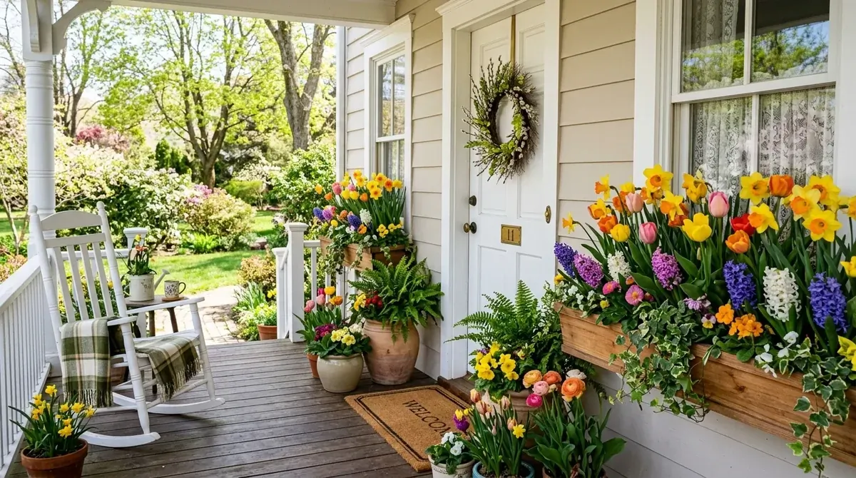 Spring porch with flower boxes of daffodils, tulips, and hyacinths under bright daylight.