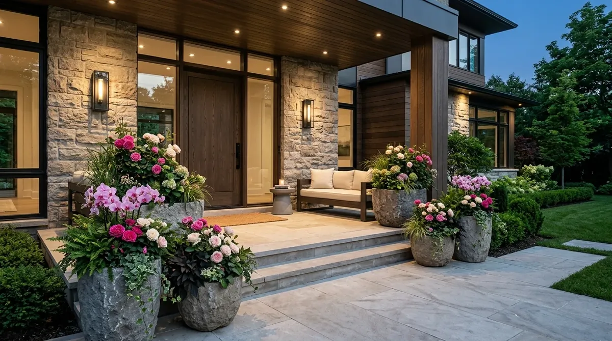 Luxury front porch with stone planters, orchids, roses, and upscale modern exterior styling.
