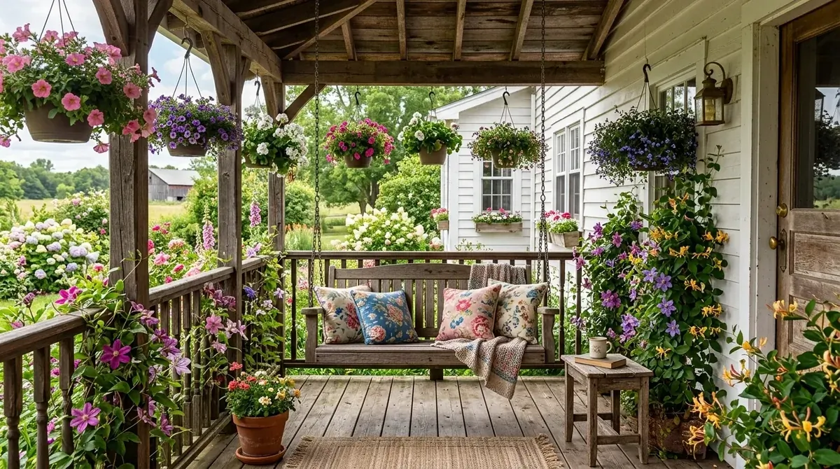 Farmhouse porch swing with hanging flower baskets, climbing vines, and rustic wood details.