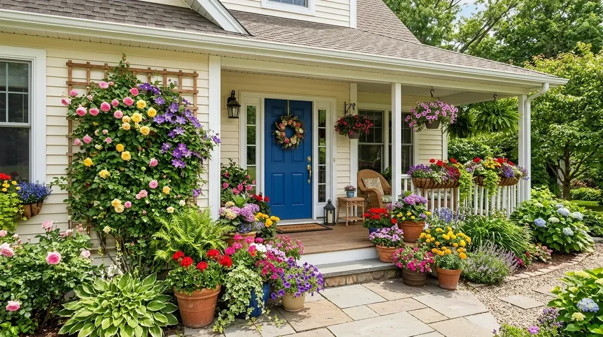 Vibrant porch with layered planters, floral wall trellis, lush greenery, and bright welcoming entry.