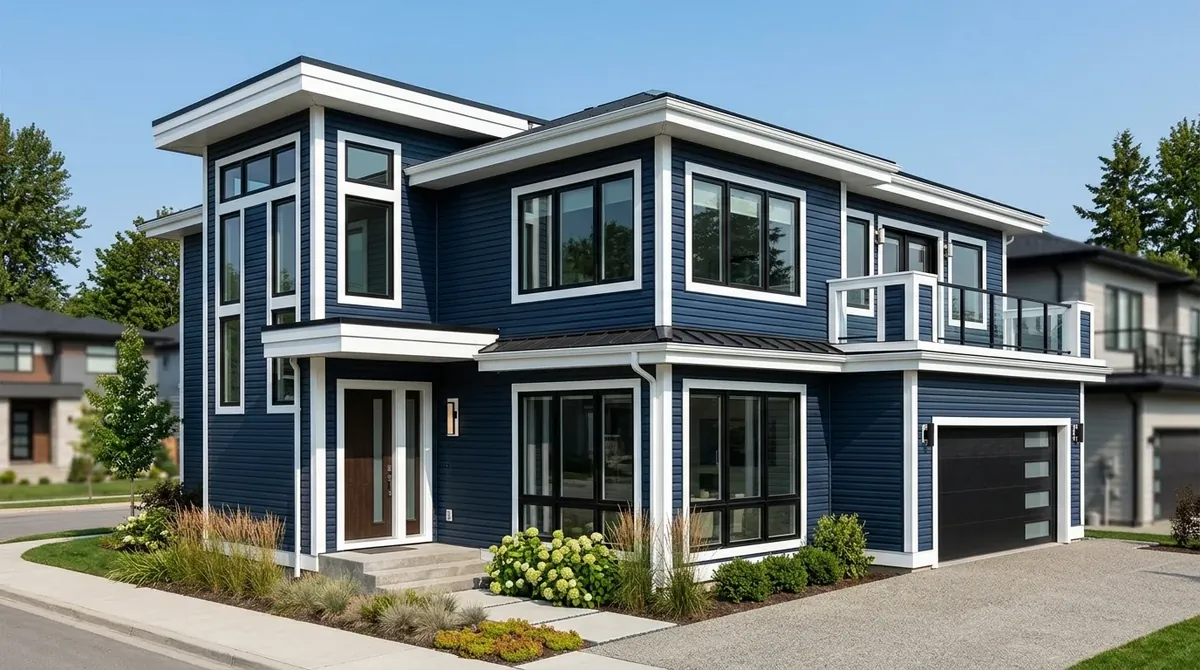Vinyl-sided house in blue tones with white trim and classic front porch styling.
