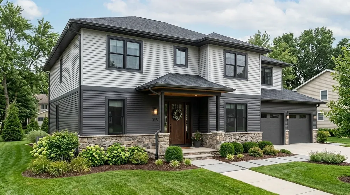 Exterior with board-and-batten style vinyl siding and clean farmhouse-inspired lines.