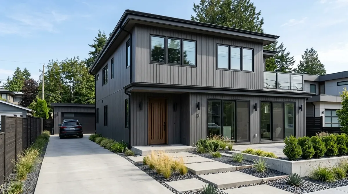 House with dark vinyl siding and warm porch lighting creating dramatic curb appeal.