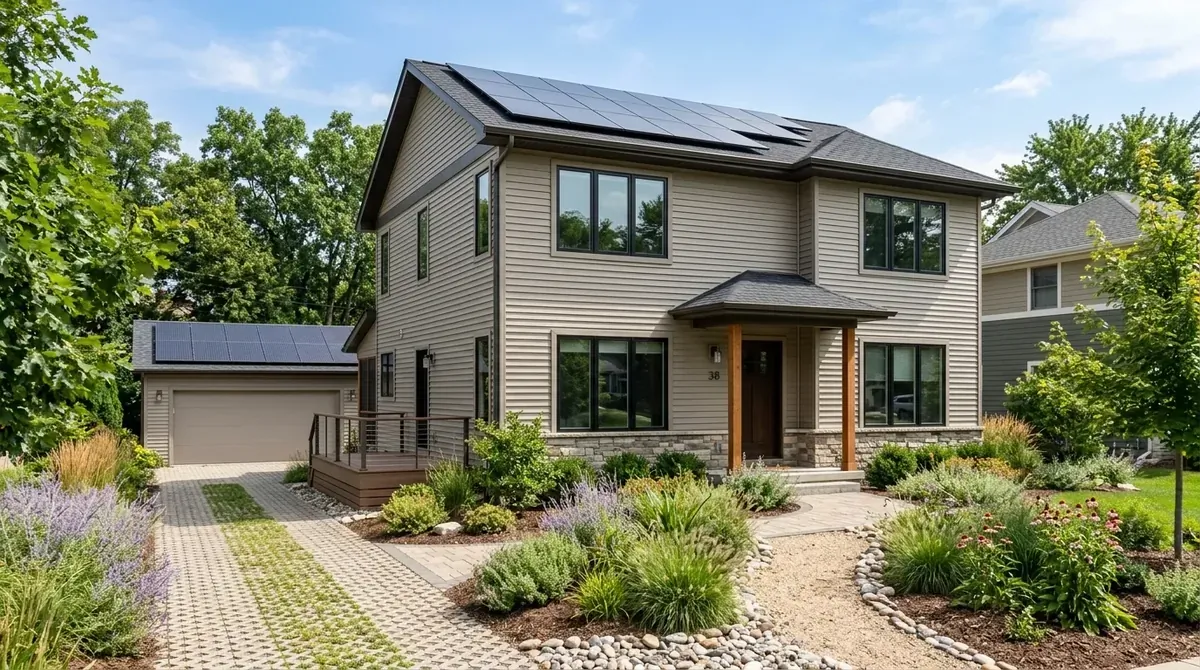 Farmhouse home with vinyl siding, black roof, and simple inviting entry styling.