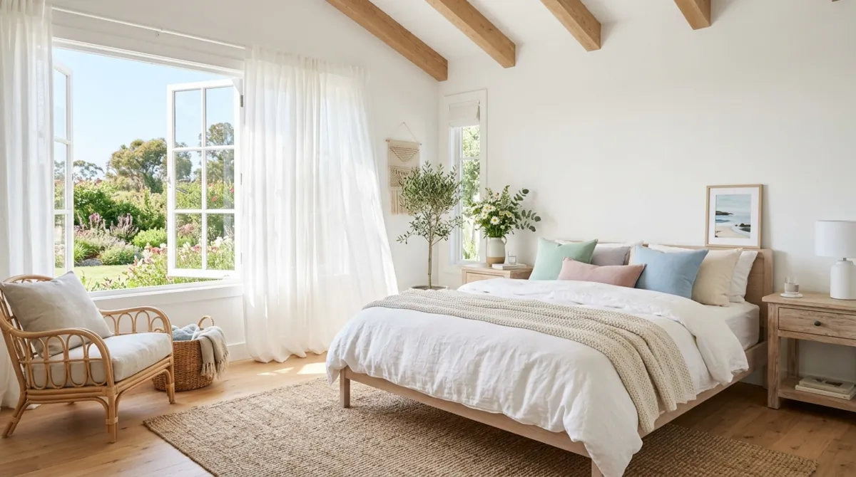 Bright summer bedroom with white linen bedding and sheer curtains.