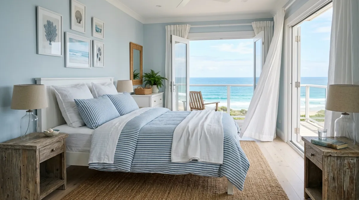 Coastal bedroom with blue and white striped summer bedding.