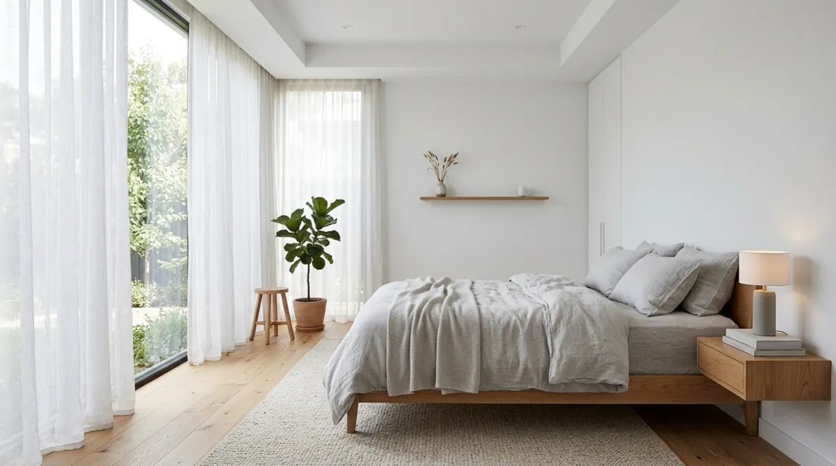 Minimal bedroom with light gray linen bedding.