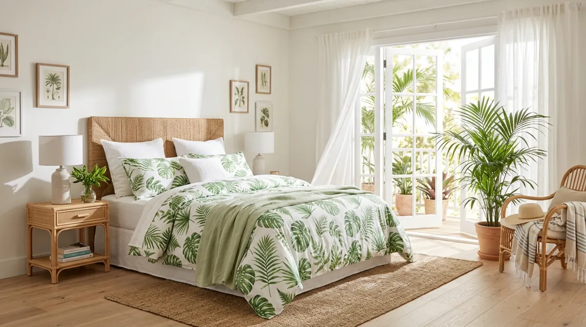 Tropical bedroom with green botanical print bedding and rattan furniture.