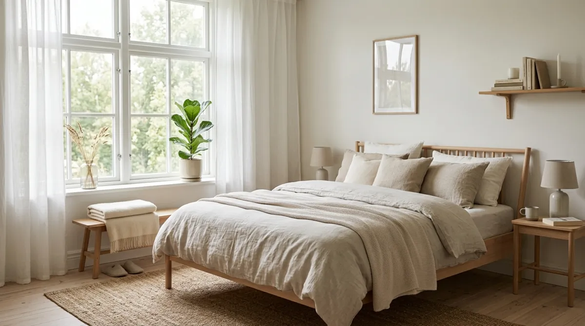 Scandinavian bedroom with beige summer bedding and light wood furniture.