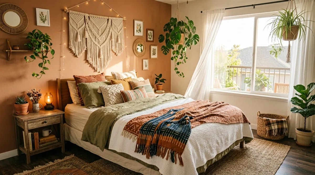 Boho summer bedroom with cotton bedding and patterned throw blankets.