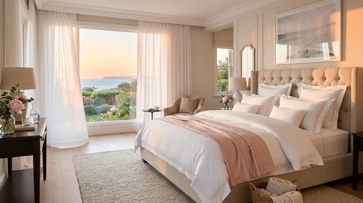 Luxury bedroom with crisp white cotton bedding and sheer drapes.