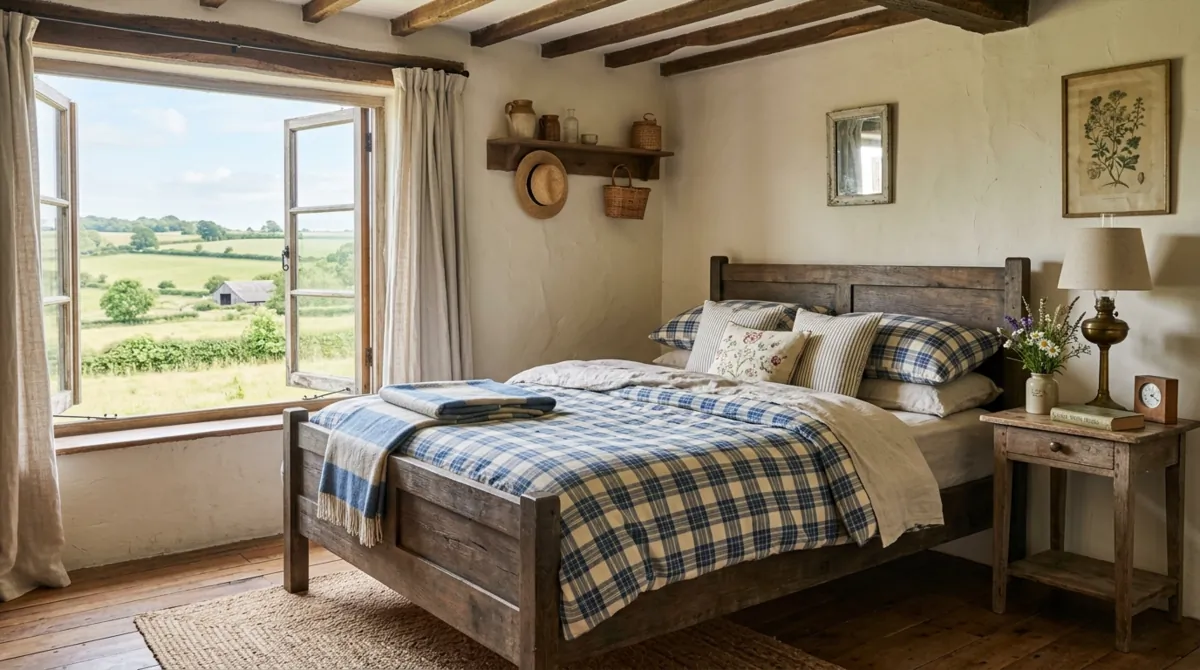 Farmhouse bedroom with plaid summer bedding and vintage accents.