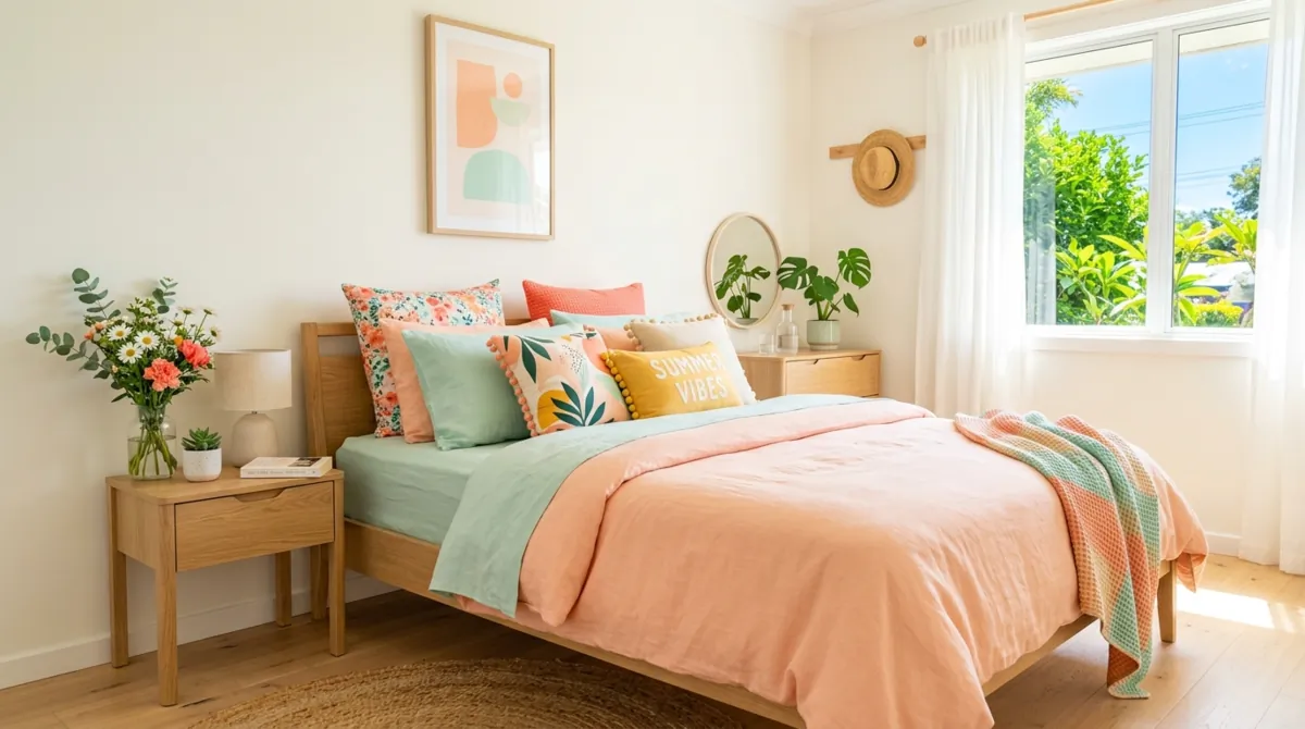Colorful summer bedroom with peach and mint pastel bedding.