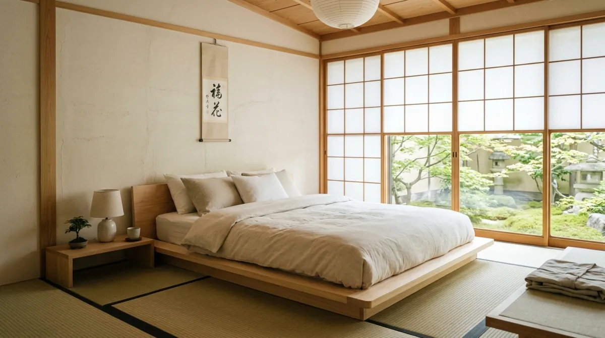 Japanese-inspired bedroom with light cotton futon bedding.