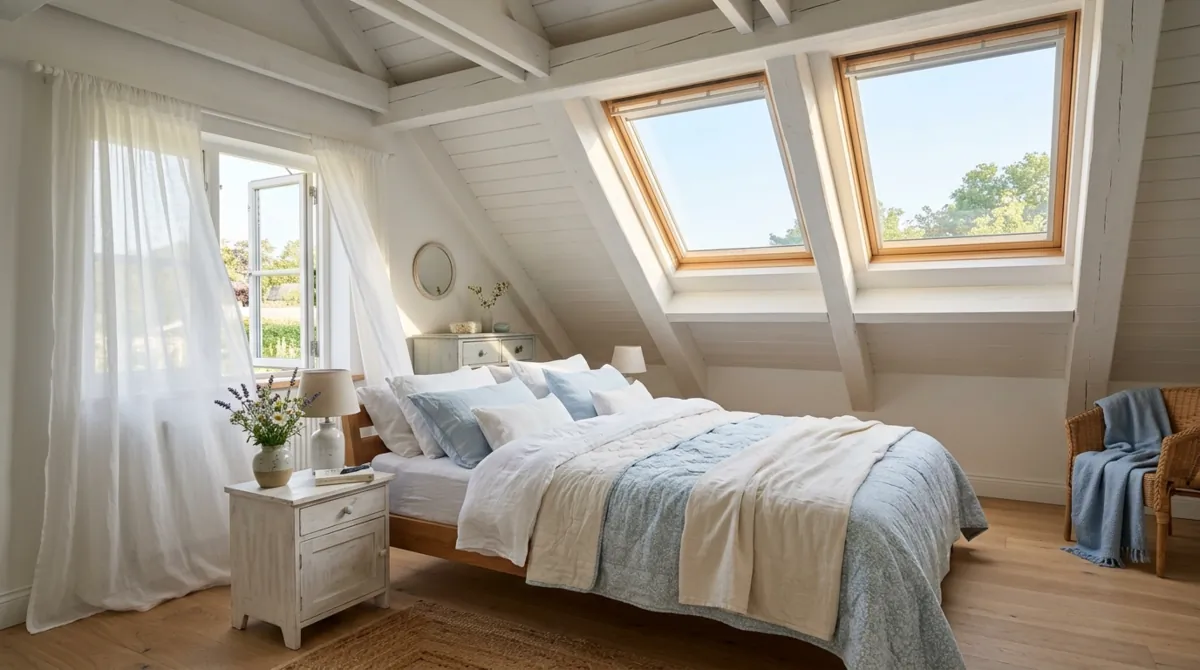 Attic bedroom with thin summer quilts and skylight windows.