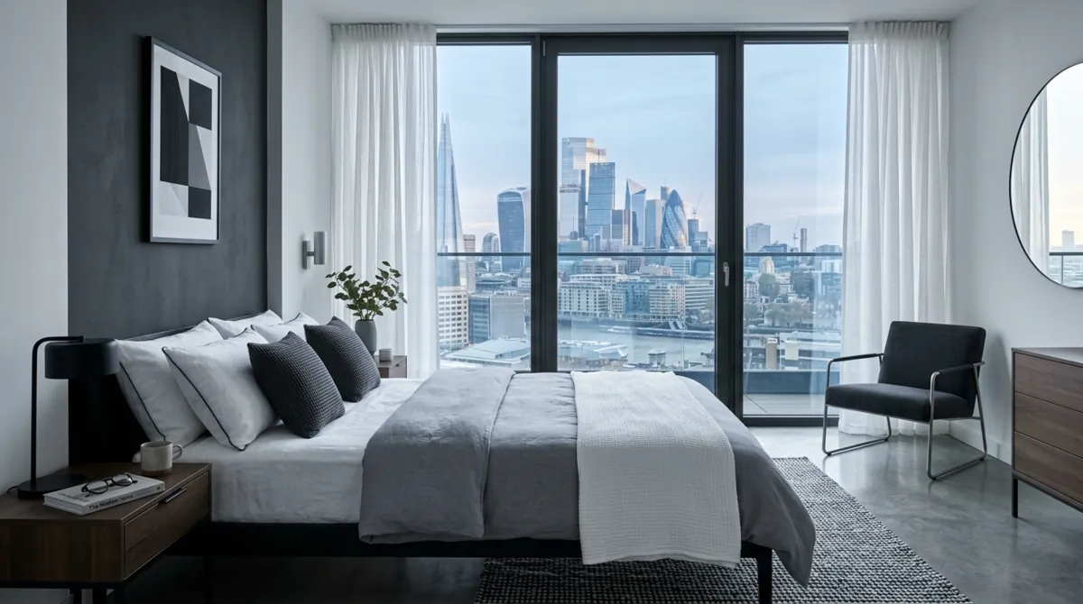 Contemporary city bedroom with charcoal and white bedding.
