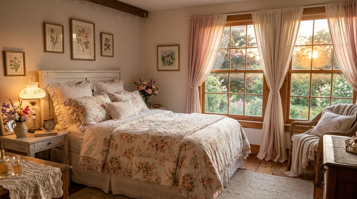 Romantic bedroom with floral print bedding and pastel drapes.