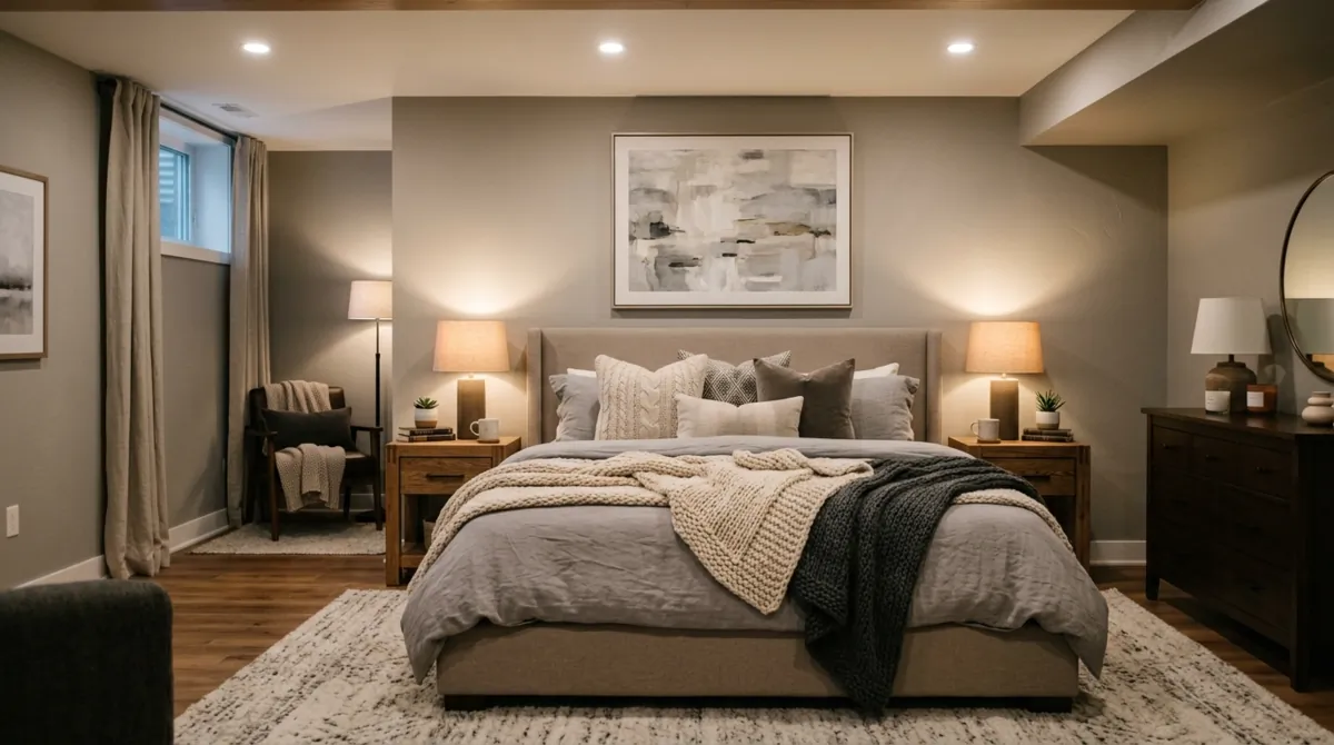 Cozy basement bedroom with gray walls, upholstered bed, layered blankets, bedside lamps, and recessed lighting.