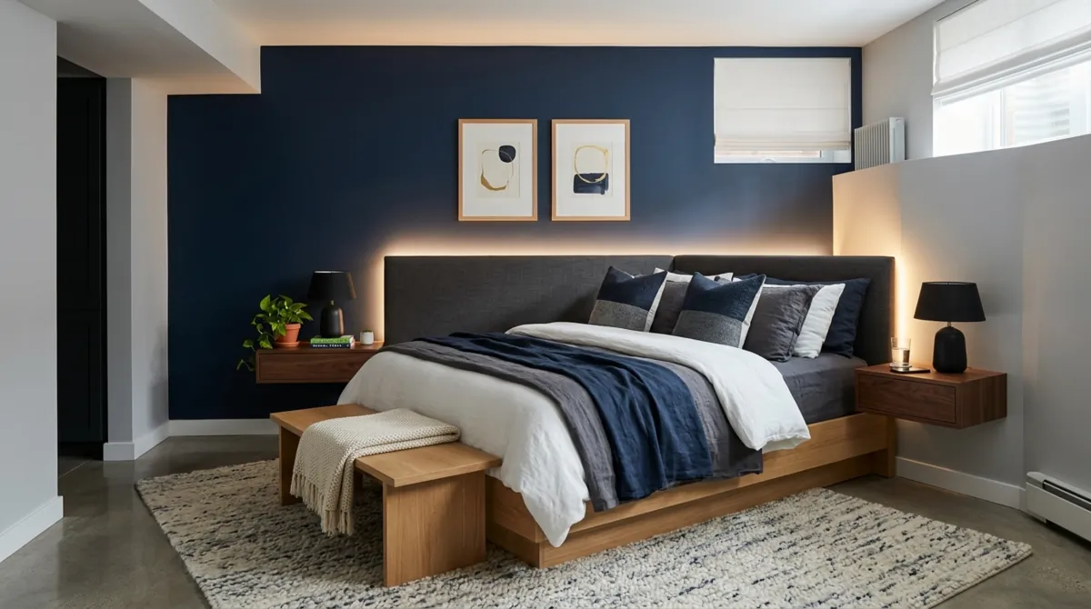 Modern basement bedroom with navy accent wall, floating nightstands, platform bed, LED lighting, and textured rug.