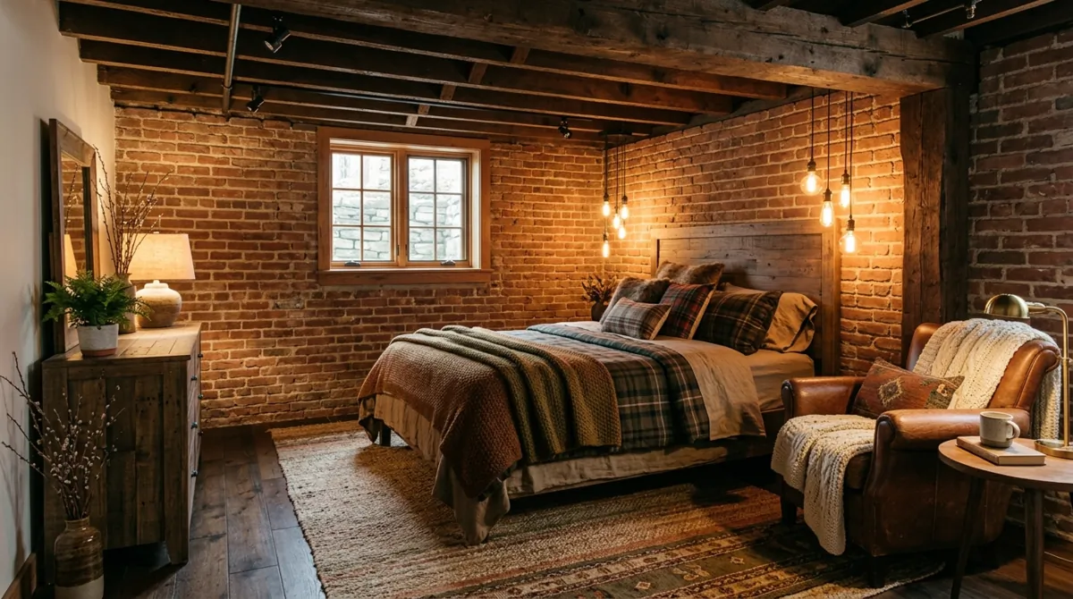 Rustic basement bedroom with exposed brick, wood beams, leather chair, warm bulbs, and earthy textiles.