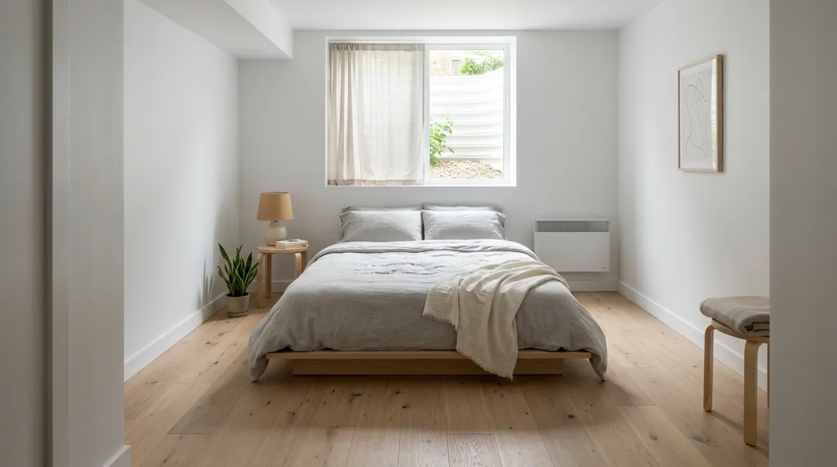 Minimalist basement bedroom with white walls, low bed, light wood floor, and serene lighting.