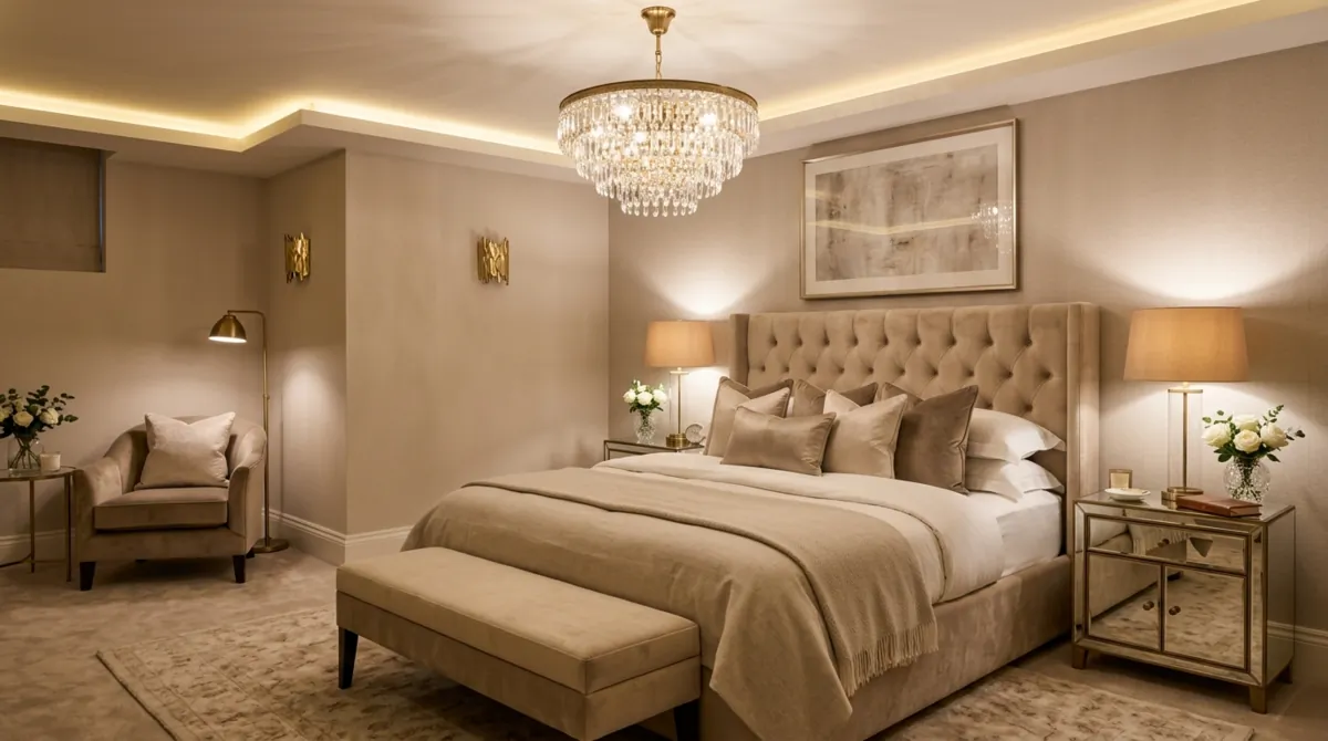Luxury basement bedroom with velvet bed, chandelier, mirrored side tables, beige palette, and layered lighting.