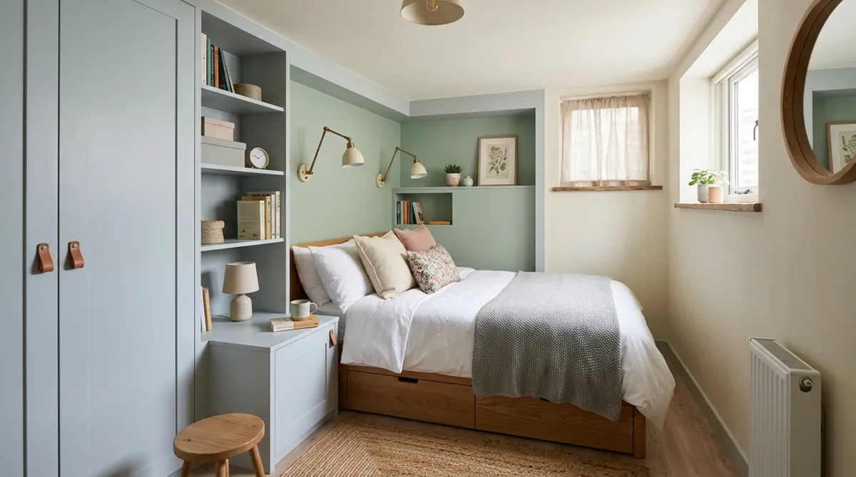 Small basement bedroom with alcove bed, built-in storage, wall-mounted lights, and soft pastel tones.