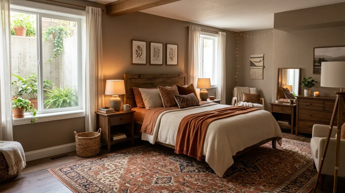 Cozy basement bedroom with taupe walls, area rug, window well light, wood furniture, and warm ambient glow.
