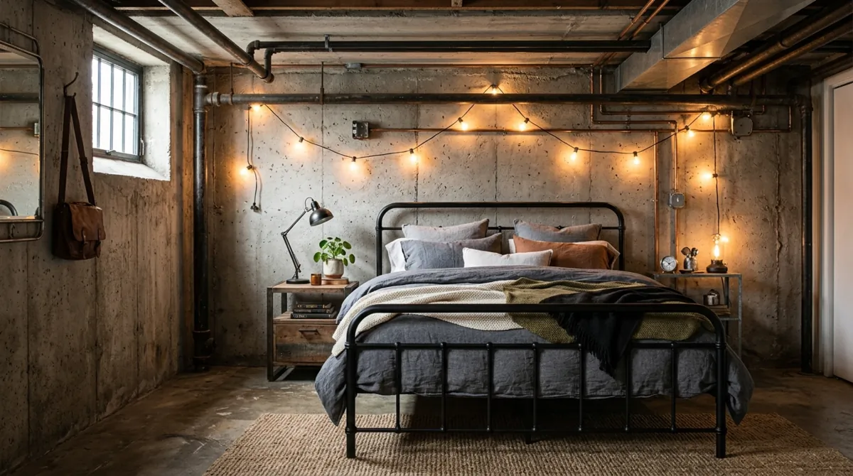 Industrial basement bedroom with concrete walls, black metal bed, exposed pipes, string lights, and soft bedding.