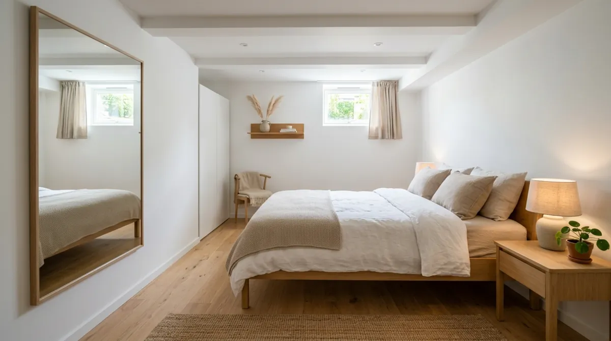 Scandinavian basement bedroom with oak floors, white walls, beige textiles, simple furniture, and large mirror.