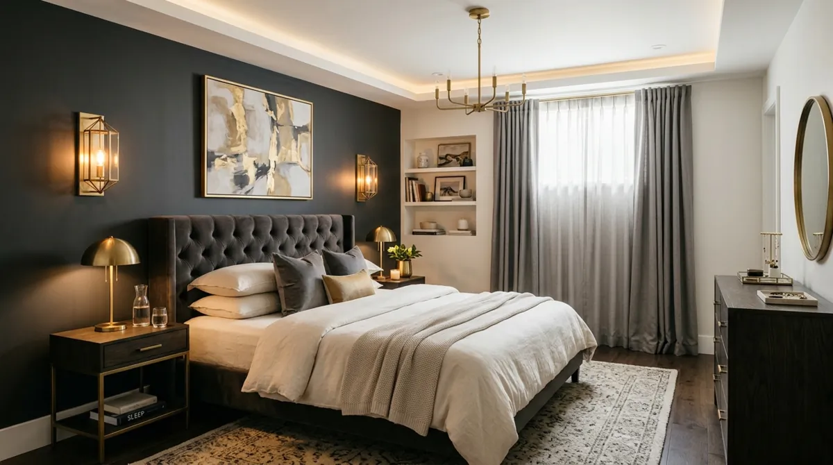 Elegant basement bedroom with charcoal wall, brass lighting, tufted headboard, cream bedding, and layered glow.