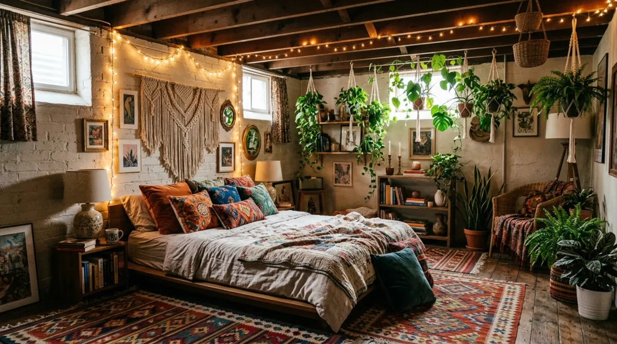 Bohemian basement bedroom with rugs, plants, macrame decor, colorful cushions, and fairy lights.