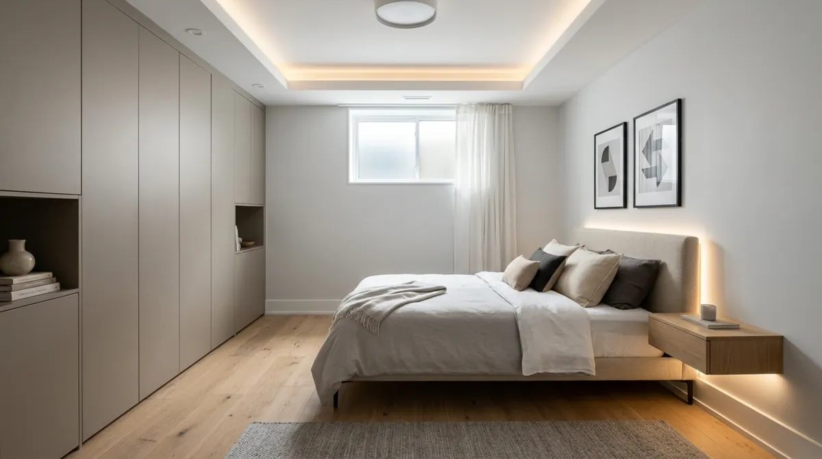 Contemporary basement bedroom with built-in wardrobe, floating nightstands, hidden lighting, and clean lines.