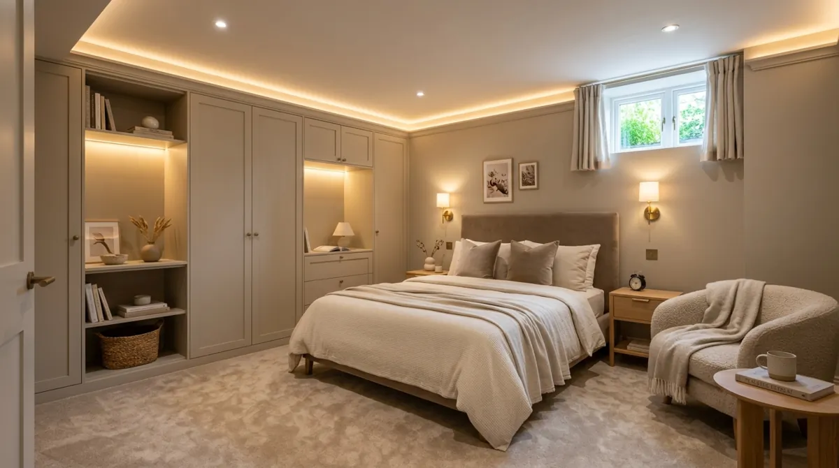 Small luxury basement bedroom suite with soft carpet, integrated storage wall, cove lighting, and elegant neutral decor.