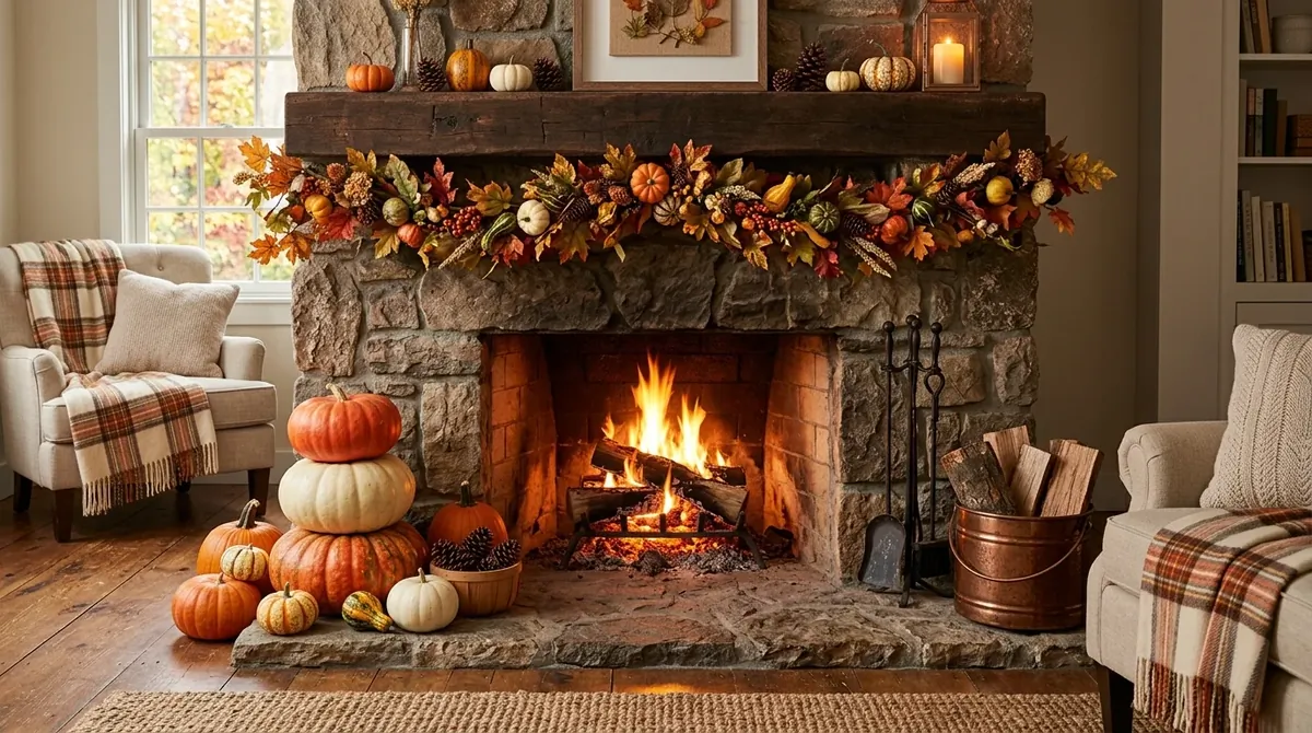 Fall fireplace with pumpkins, leaf garland, rustic mantel, and glowing fire.