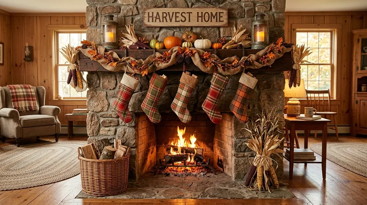 Farmhouse fireplace with burlap garland, cornstalks, vintage lanterns, and plaid stockings.