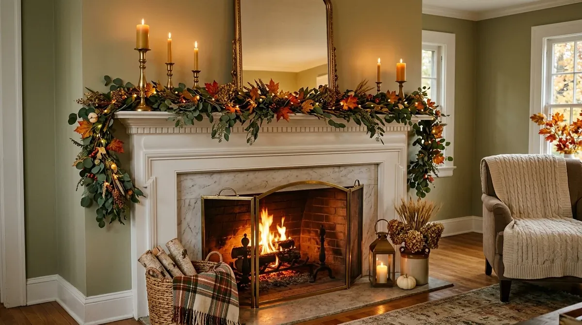Elegant fall fireplace with white mantel, gold candles, eucalyptus-maple garland, and amber light.