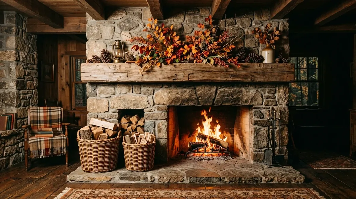 Rustic stone fireplace with beam mantel, firewood baskets, pinecones, and orange foliage.