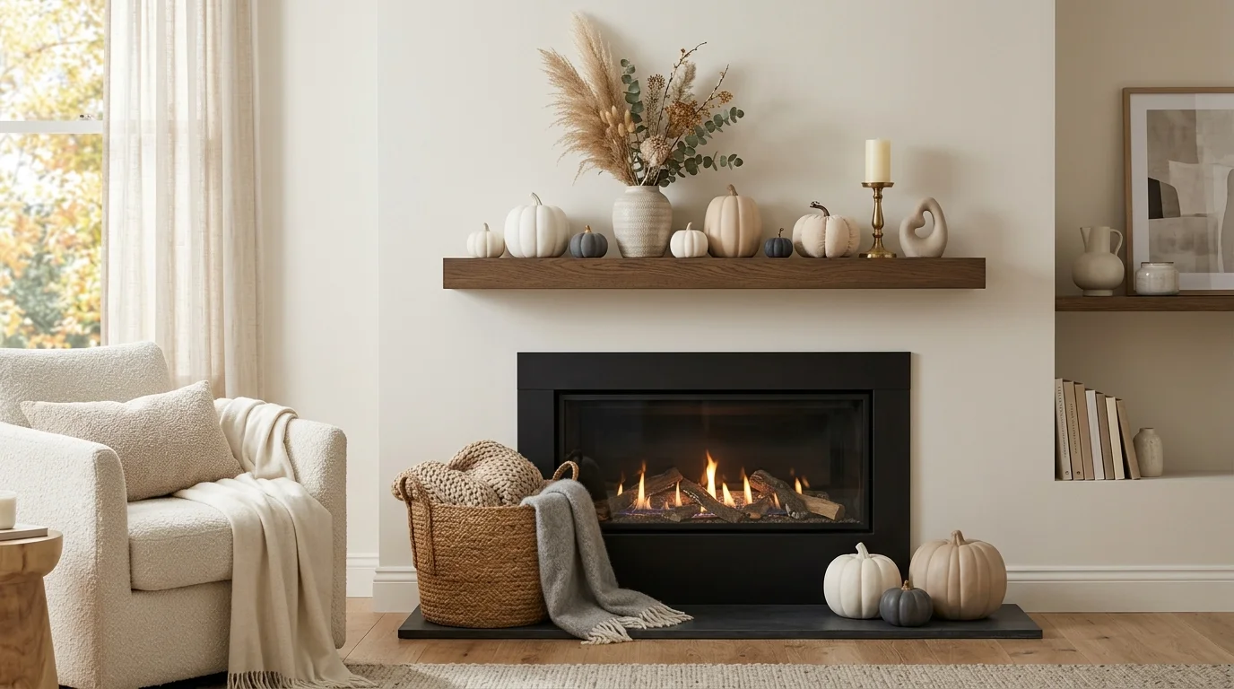 Modern fireplace with black surround, neutral pumpkins, beige accents, and restrained fall styling.